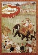 unknow artist Shah Jahan Riding on an Elephant Accompanied by His Son Dara Shukoh Mughal oil painting artist